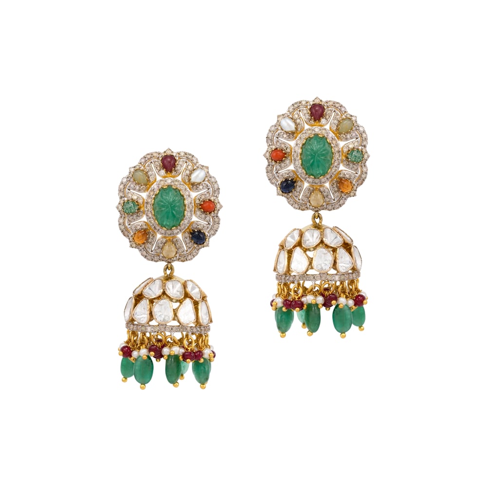 Carved Emerald Navratan Jhumki with Polki Dome